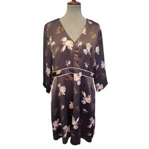 Banana Republic 14 Dark Gray Floral Satin Dress Fairy‎ Whimsigoth Office Siren